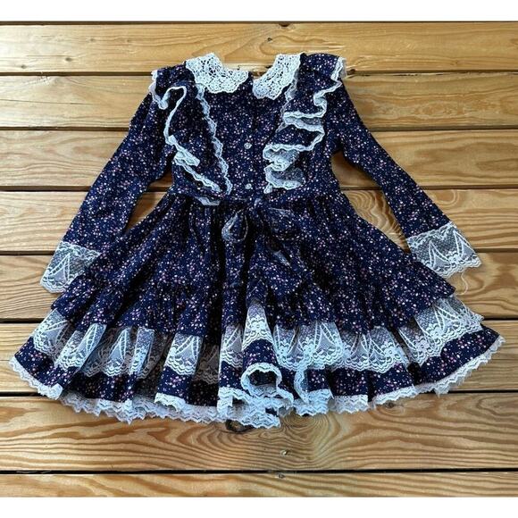 Vintage Mini World Inc Floral Lace Trim Dress Size 4 Girl’s Blue - Picture 2 of 8